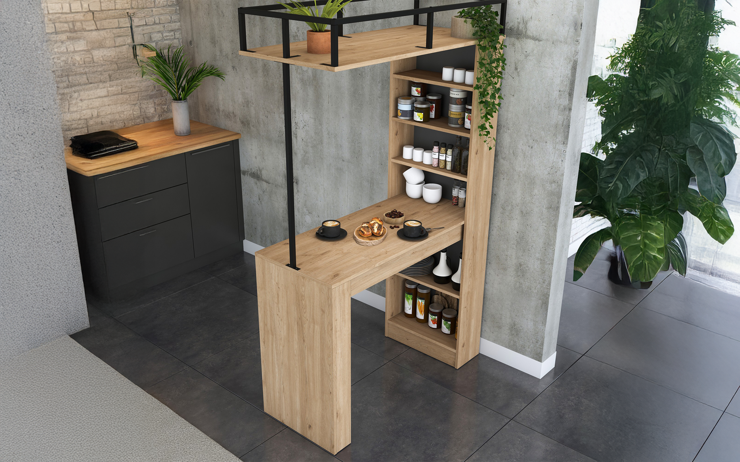 Masa de bar + etajera Faro, nuc + negru  2